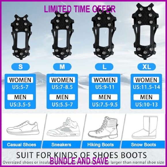 Ice Cleats Snow Grips Traction Spikes Stretchable Rubber Overshoes - Picture 5 of 8